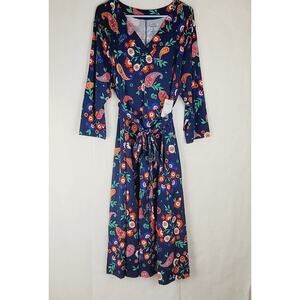 New Croft and Barrow maxi dress blue floral belted long sleeve 2X Cottage Boho
